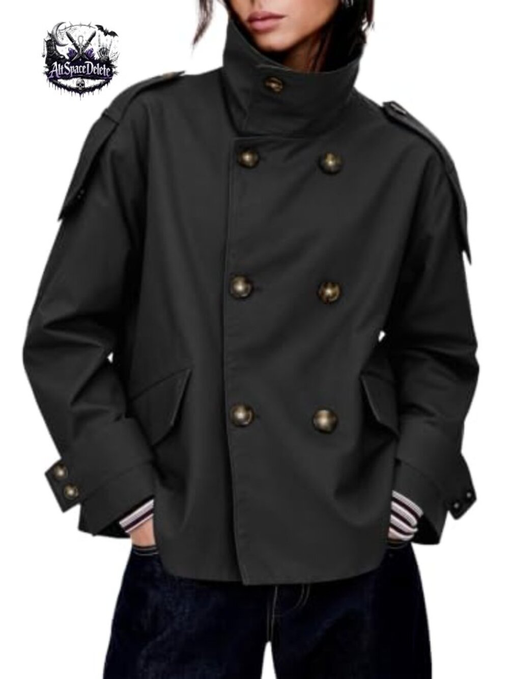 Oversized Double Breasted Cropped Trench Coat Long Sleeve Relaxed Fit